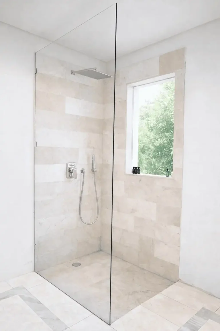 modern walk in shower with lush view