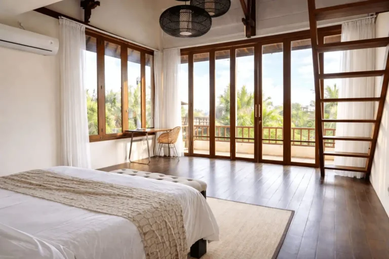 tropical villa bedroom with balcony view