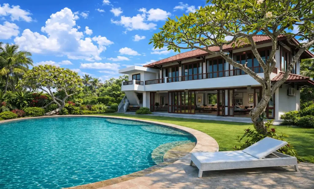 tropical villa with curving pool